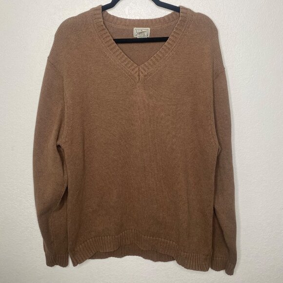 L.L. Bean Mens Brown V-Neck Cotton Sweater Size L Tan Fall Neutral Preppy - Picture 1 of 10